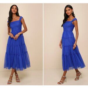 Lulus Blue Mesh Swiss Dot Tiered Midi Dress